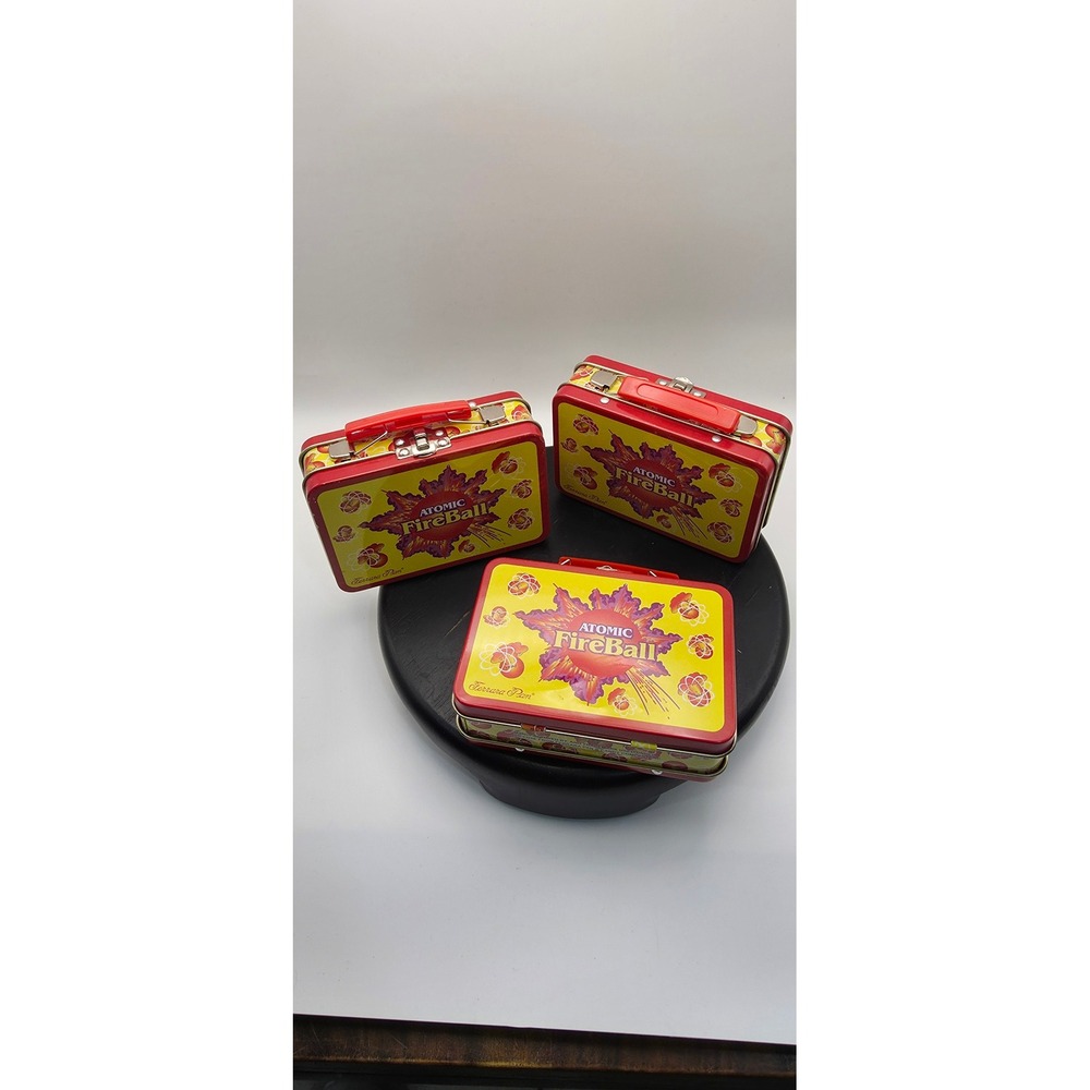 Set of 3 Atomic FireBall Ferrara Pan Mini Tin Lunch Boxes Red Yellow Collectible